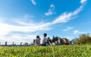 People having fun on a picnic on the grass with bright blue sky. 